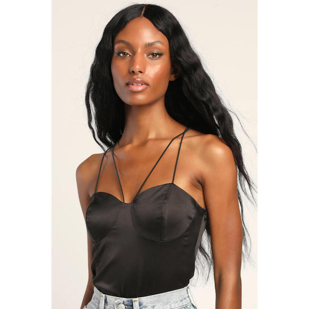 NWOT Lulus Strappy Days Black Satin Bustier Bodysuit - Size M
